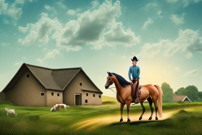 A horse and rider in a rural landscape