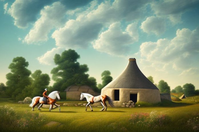 A horse and rider in a rural landscape