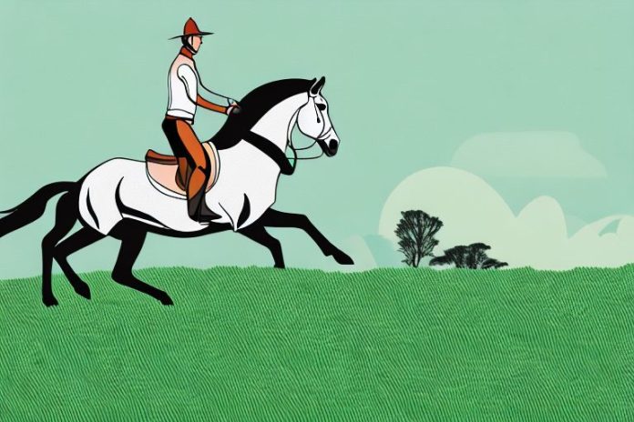 A horse and rider galloping through a grassy landscape in springbok