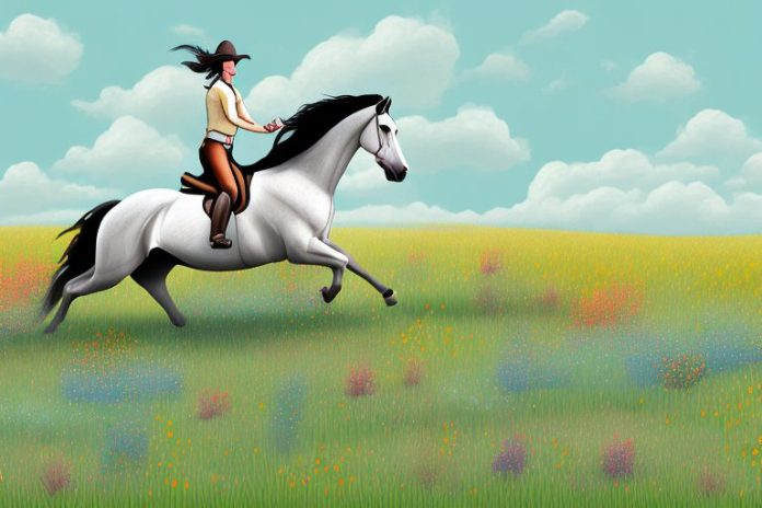 A horse and rider galloping through a field of wildflowers in warrenton