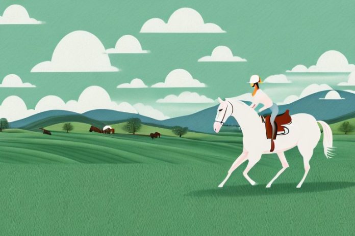 A horse and rider galloping through a rural landscape with rolling hills in the background
