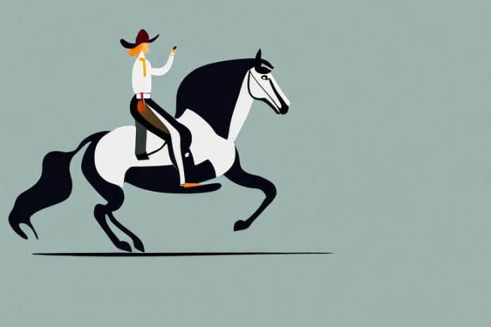 A horse and rider galloping across a wide open landscape