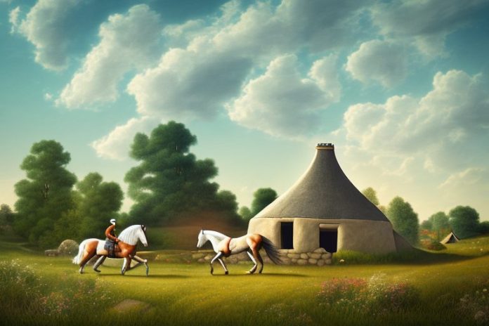 A horse and rider in a rural landscape