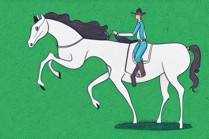 A horse and rider in a grassy field with a cobblestone path winding through it