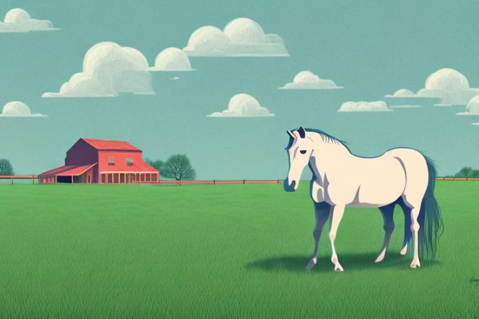 A horse in a field with a stable in the background
