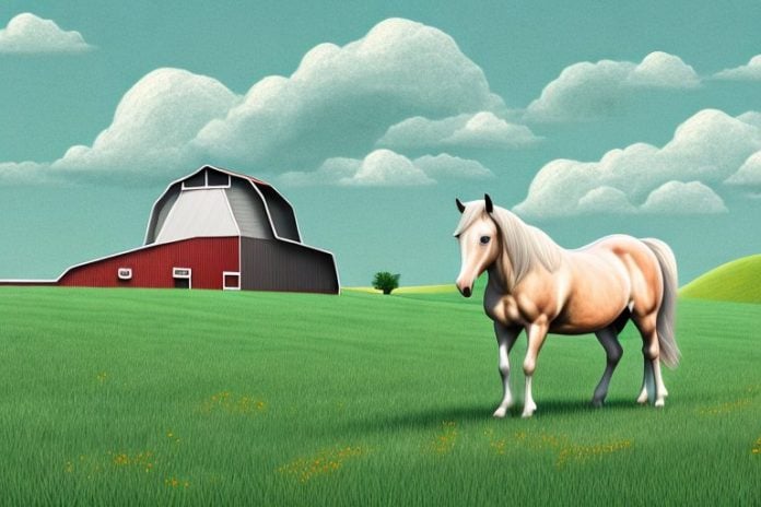 A horse in a grassy field with a barn in the background