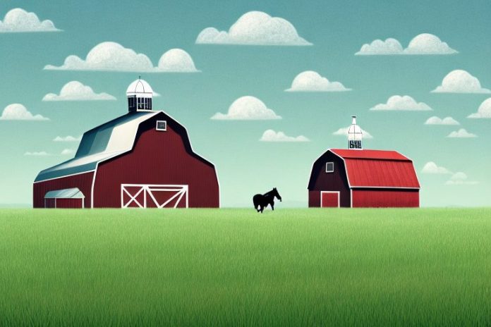 A horse in a field with a barn in the background