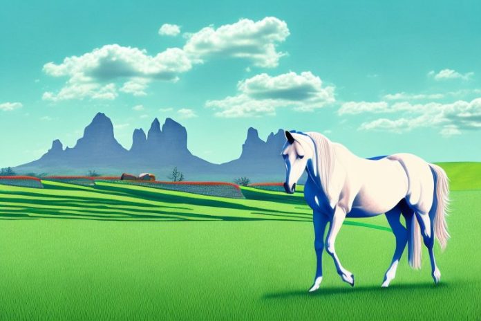 A horse in a field with a ballito landscape in the background