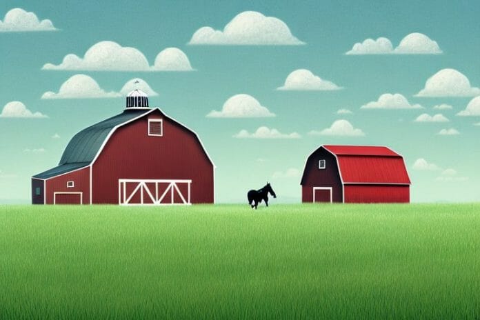 A horse in a field with a barn in the background