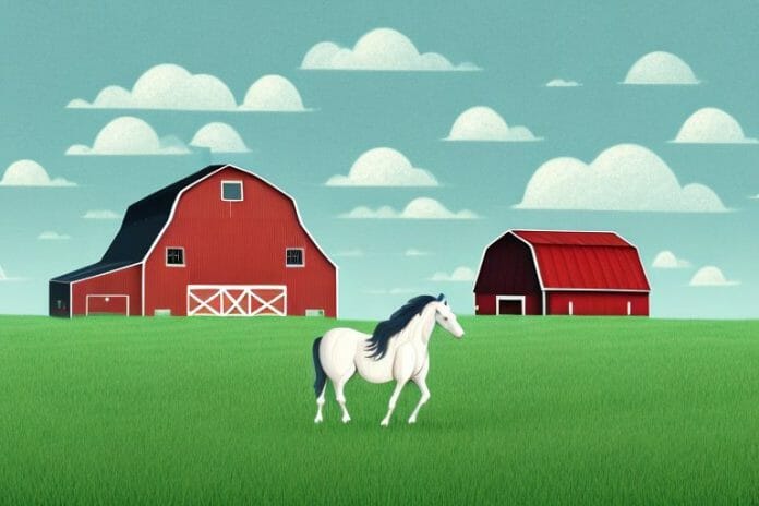 A horse in a pasture with a barn in the background