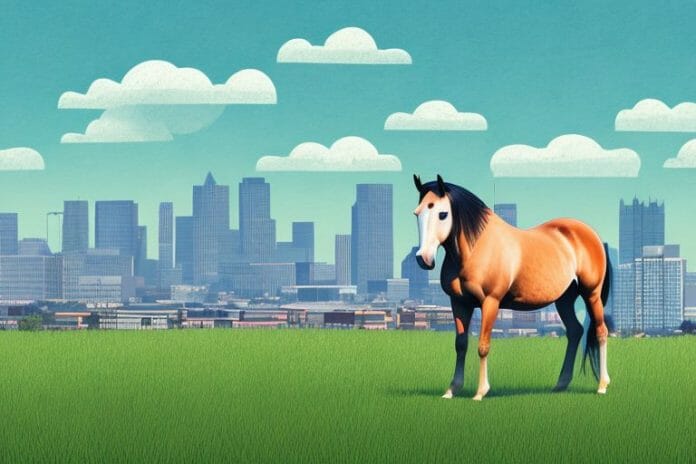 A horse standing in a field with a johannesburg skyline in the background