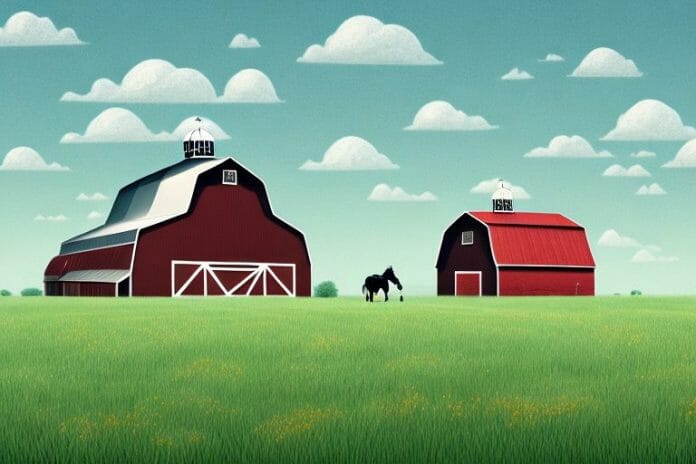 A horse in a field with a barn in the background