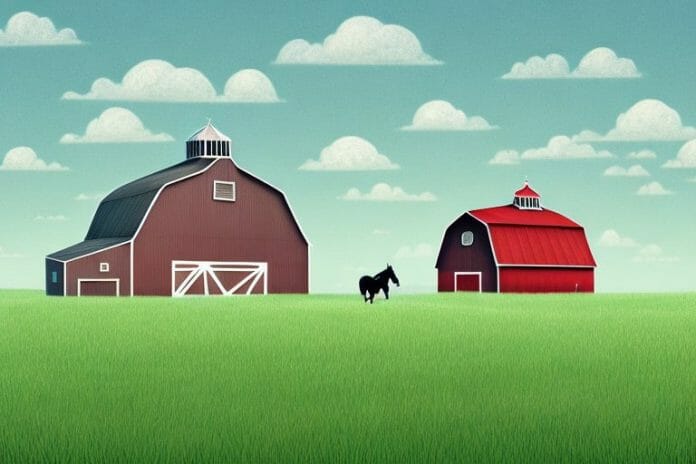 A horse in a field with a barn in the background