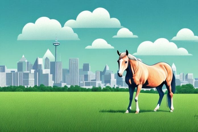 A horse in a field with a randburg skyline in the background