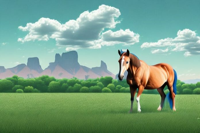 A horse in a field with a roodepoort landscape in the background