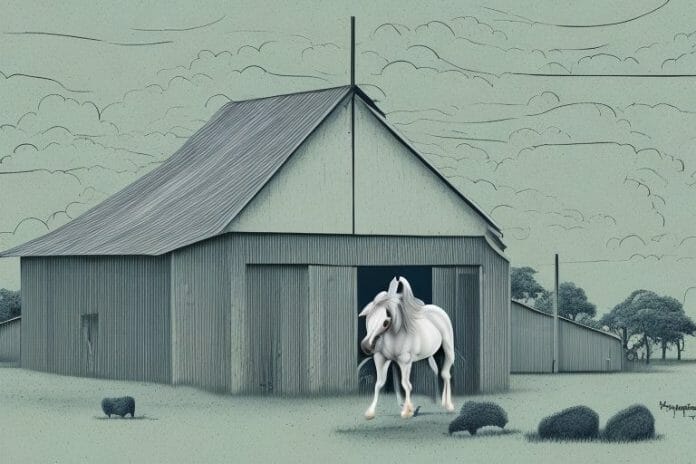 A horse and its stable in a rural setting