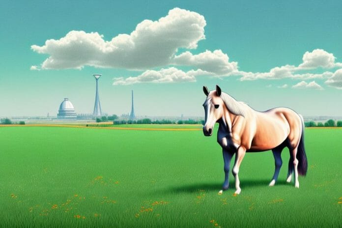 A horse in a field with a kempton park landscape in the background