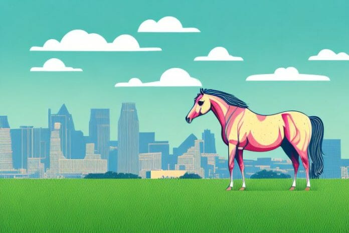 A horse in a field with a backdrop of the pretoria skyline