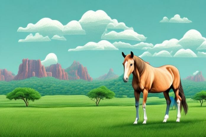 A horse in a pasture with a thohoyandou landscape in the background