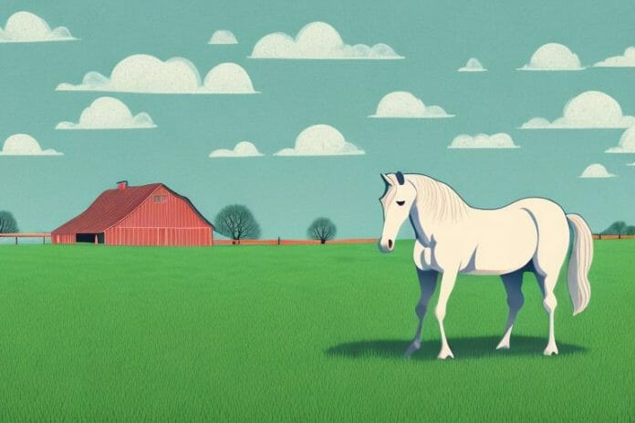 A horse in a field with a stable in the background