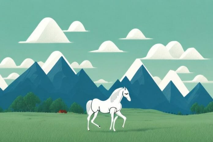 A horse in a field with mountains in the background