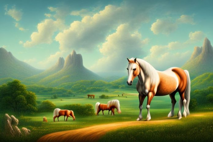 A cob horse in a rural landscape with a view of mabopane in the background