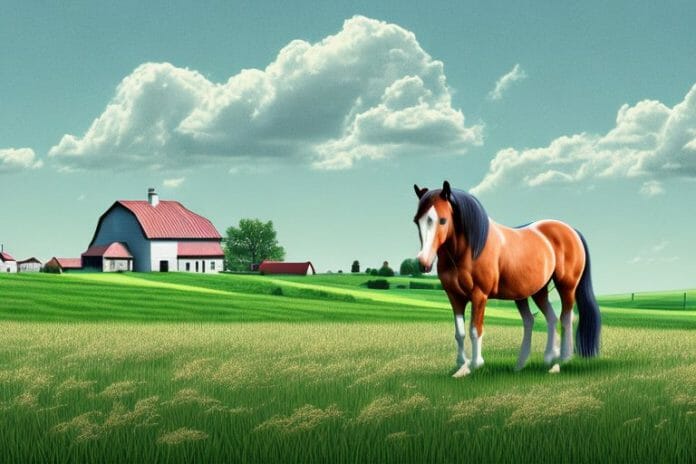 A horse in a field with a farmhouse in the background