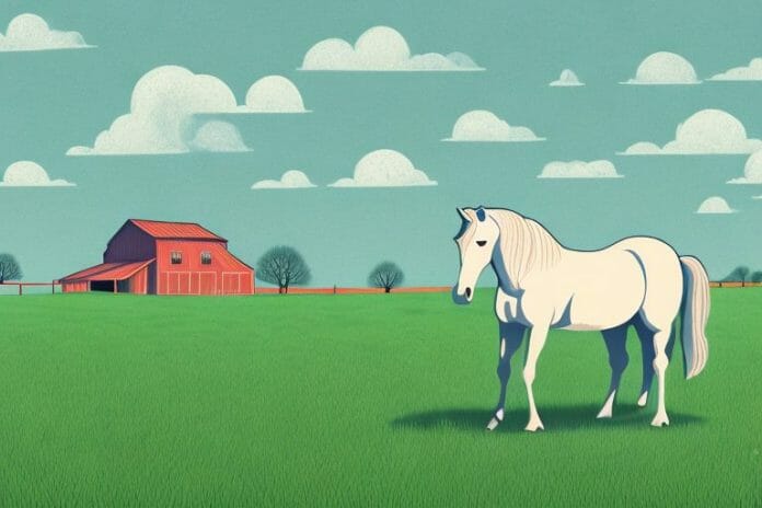 A horse in a field with a stable in the background