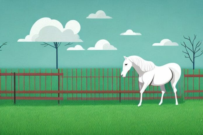 A horse in a pasture with a fence and trees in the background