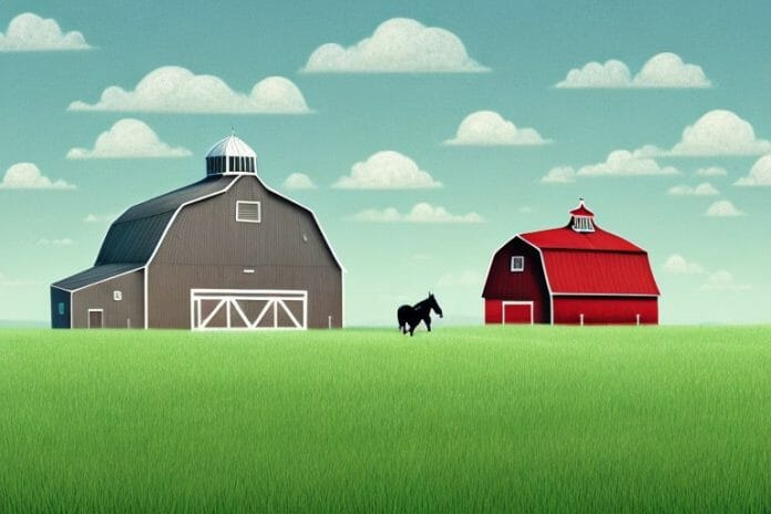 A horse in a field with a barn in the background