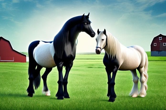 A friesian horse in a pasture with a barn in the background
