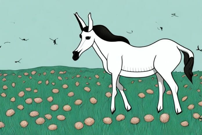 A horse in a field of springbok