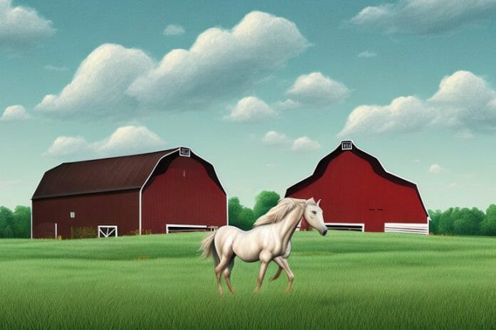 A horse in a rural setting with a barn in the background