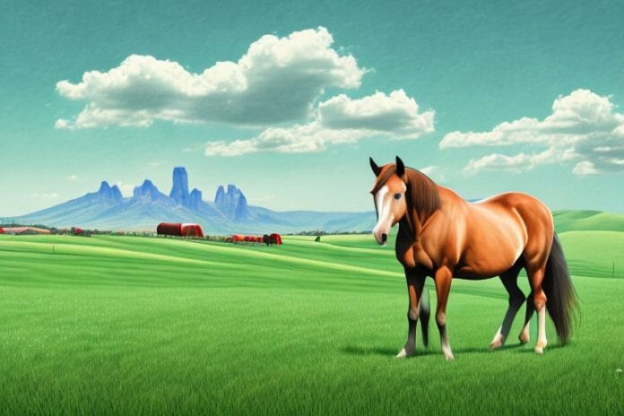 A horse in a pasture with a postmasburg landscape in the background
