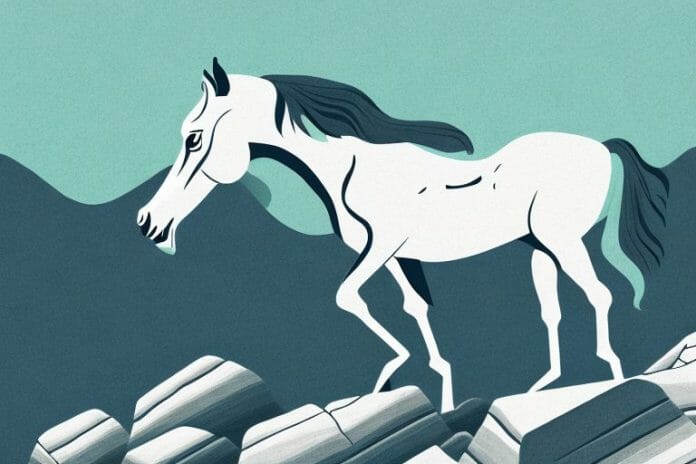 A horse in a rocky mountain landscape