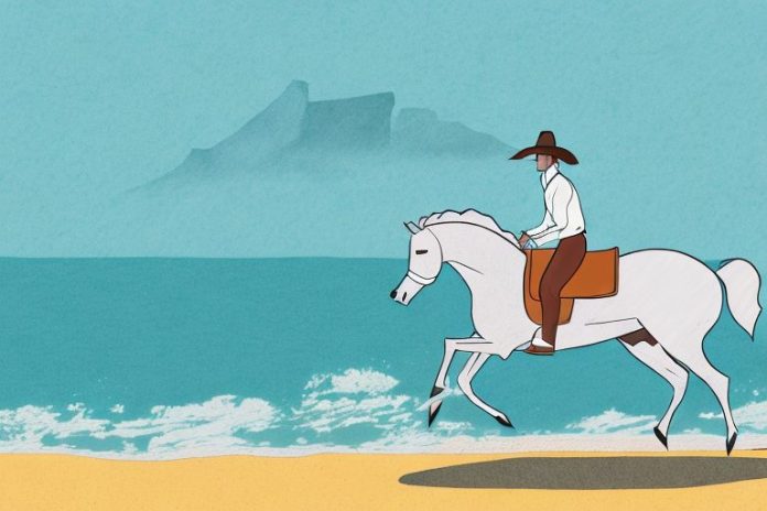 A horse and rider galloping along a beach in cape town