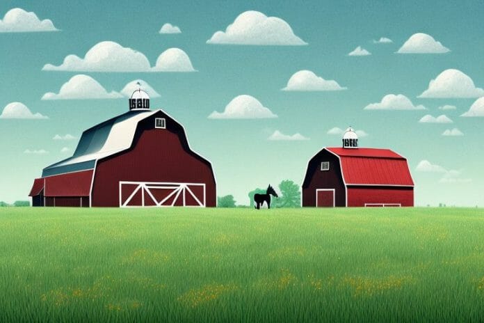 A horse in a field with a barn in the background