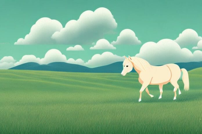 A haflinger horse in a field with a backdrop of rolling hills
