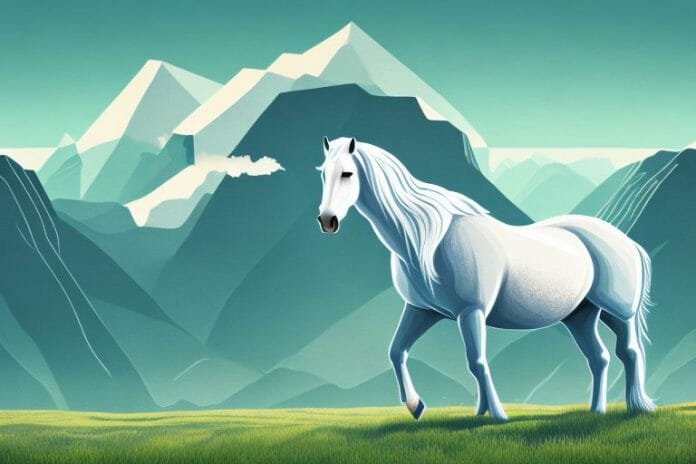 A fjord horse in a pasture with a backdrop of mountains