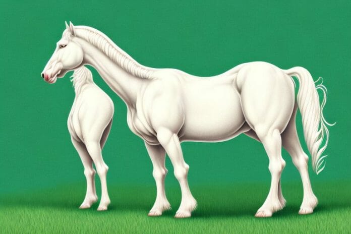 A beautiful american cream draft horse standing in a lush green field