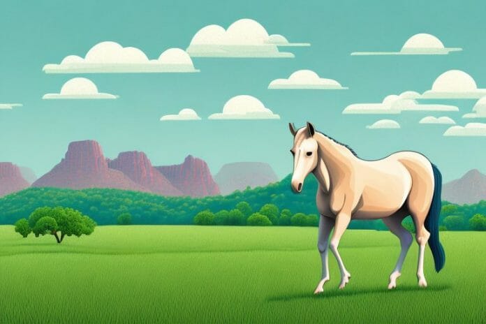 A horse in a field with a hartbeespoort landscape in the background