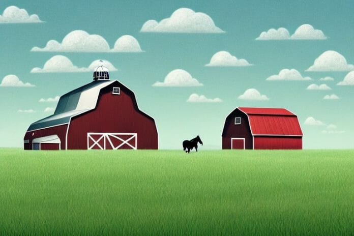 A horse in a field with a barn in the background