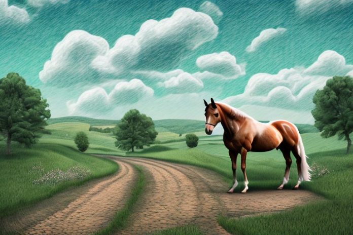 A horse and rider in a rural landscape