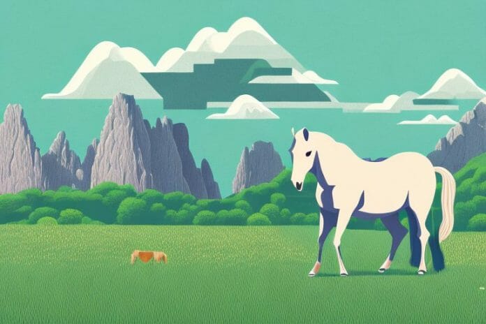 A horse in a field with a mogwase landscape in the background