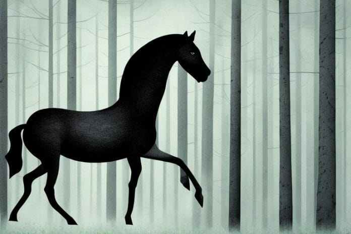 A black horse in a forest setting