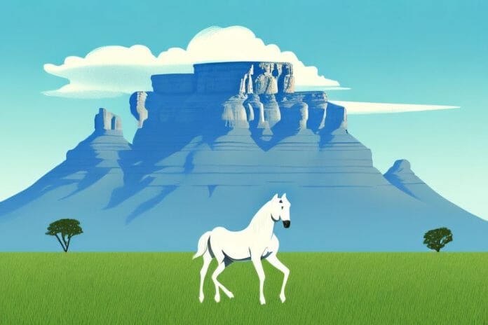 A horse in a field with the iconic table mountain in the background