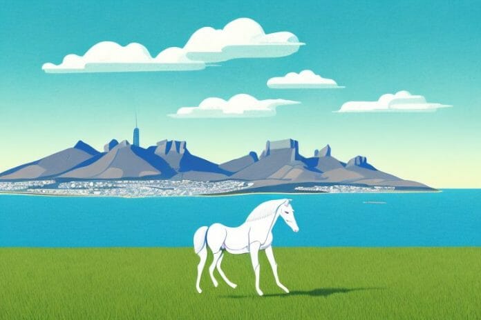 A horse in a field with a view of simon's town in the background