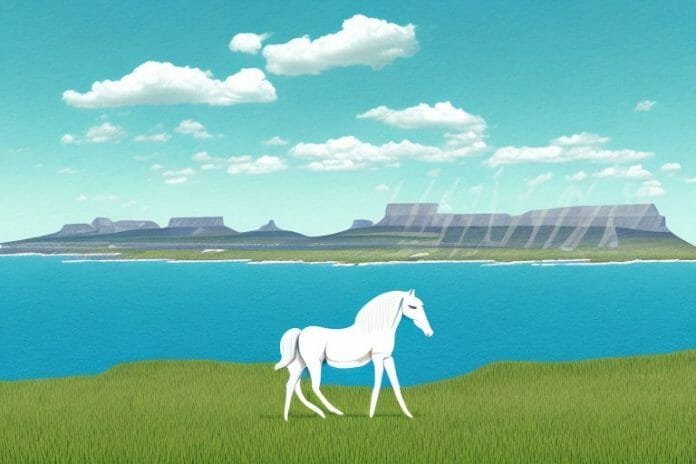 A horse in a field with a view of the hermanus coastline in the background