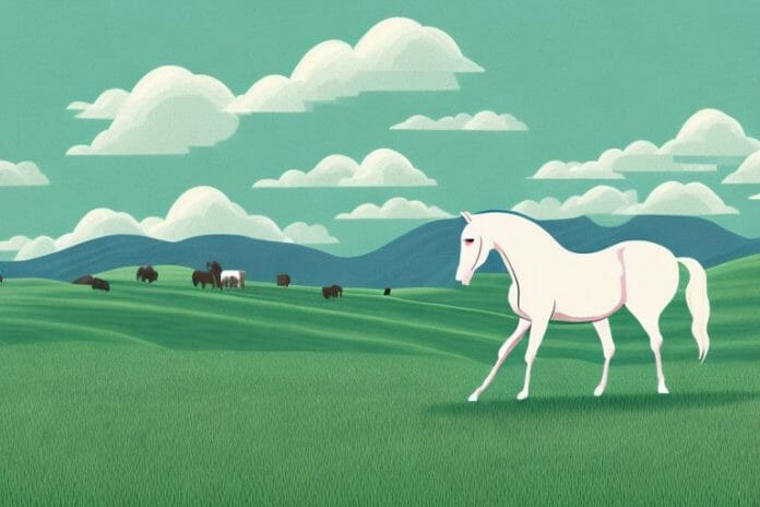 A horse in a field with rolling hills in the background