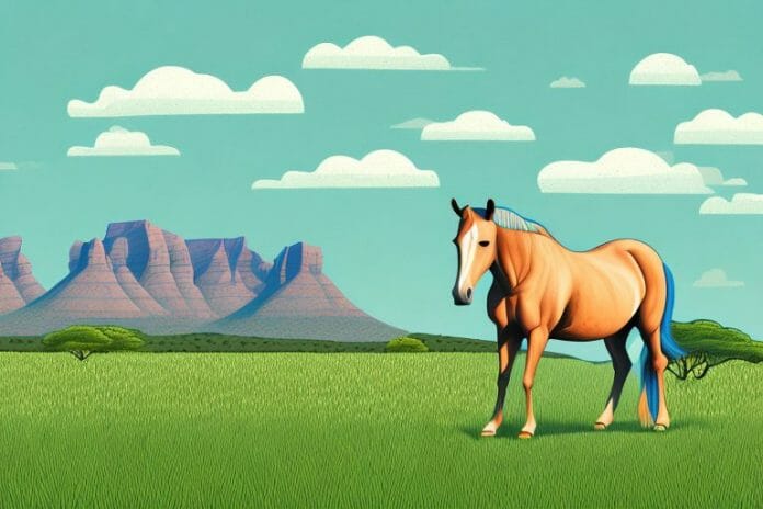 A horse in a field with a south african landscape in the background